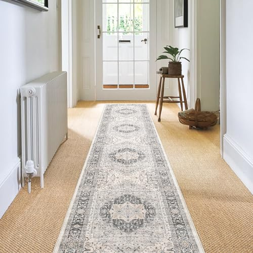 Carvapet Alfombras de Pasillo Larga 60x300cm Alfombra Corredor Antideslizante Gris Alfombras de área Lavable Suave Microfibra Medallón Vintage Alfombra Comedor Pasillo