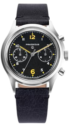 PRAESIDUS The PAC-76 Men's Military Chronograph Watch, 38mm, Yellow Indexes, Black Dial, Stainless Steel Bonklip/Leather/Canvass Bracelet