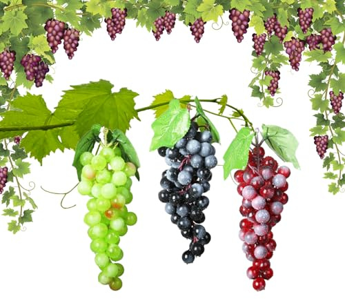 Molyorch 3 Piezas Uvas Artificiales Realistas, Uvas Falsas Decorativas, Racimos Uvas Artificiales, para Decoración de Vino, Apoyos Artificiales de La Fruta
