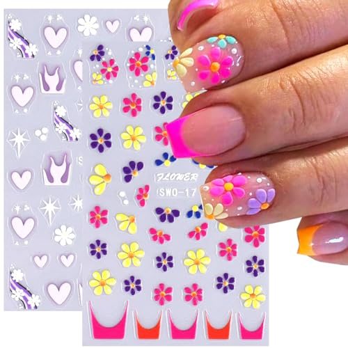 2Pcs Nail Stickers for Flowers Heart Nail Art Kit -5D Embossed Flower Nail Decals Spring Daisy Flame Love Nail Sticker Self Adhesive Nail Design Floral Nail Supplies French Nail Sticker for Nail Decor