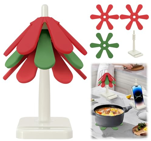 Mittimiya Sottopentola in Silicone per Piatti Caldi, Set di 3 Sottobicchieri Pieghevoli Antiscivolo e 1 Supporto, Tovaglietta Resistente al Calore, Trivet for Hot Dishes