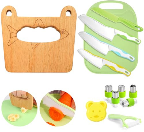 Lot de 13 couteaux de cuisine pour enfants pour couper et cuisiner des fruits ou légumes pour les tout-petits, avec couteau en bois, planche à découper, éplucheur (poisson)