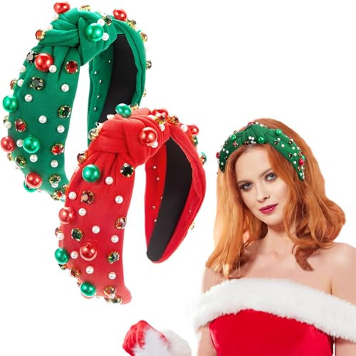 HIFOT 2 Stück Haarreif Weihnachten Damen Mädchen Breit Knoten Perlen Strass Grün Rot Haarschmuck Fasching Party Haarband Weihnachtsstirnband