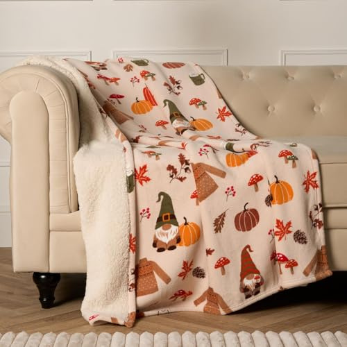 OHS Pumpkin Autumn Gonk Fleece Blanket Throw, Ultra Soft Warm Sherpa Fleece Throws for Sofa Beds Halloween Blanket Sherpa Reverse Throws Living Room Bedroom - Beige, 125 x 150cm