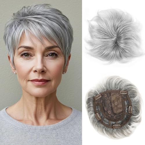 BECUS Grey Hair Toppers for Women with Thinning Hair Bangs 360°3D Cover 6.5x6inches Toupee Hair Pieces for Women With Bangs