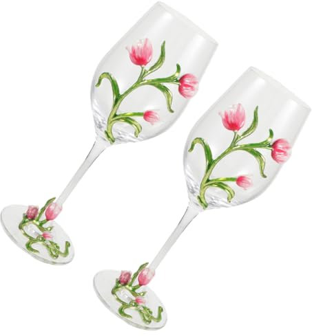 OFFSCH Juego de 2 Elegantes Copas de Vino con Base Alta en Relieve con Estampado de Tulipanes Elegantes Copas de Vidrio para Beber para Cócteles