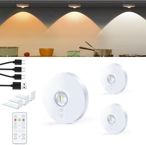 Yeelan Schrankbeleuchtung Vitrinenbeleuchtung, LED USB Aufladbar Unterbauleuchte Küche mit Touch und Fernbedienung, 3 Farbtemperaturen Dimmbar LED Spot Akku, 3-Pack
