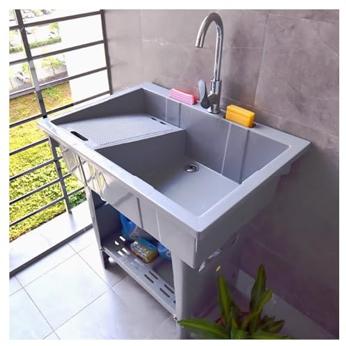 YHQYCGS Utility Portable Laundry Sink,Outdoor with Washboard Hose Hook Up Freestanding Utility Laundry Tub for Washing Room, Plastic Sink for Garage, Pet Wash Garden