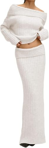LLECDASEUI Set Di Gonne Donna Completi 2 Pezzi Fuori Spalla Maglione A Maniche Lunghe Gonna Maxi Bodycon Maglia Autunnale Set Di Maglioni (M,Bianco)