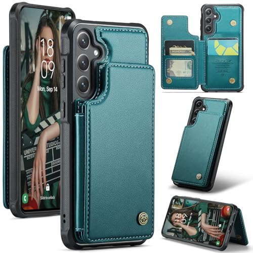 FONREST för Samsung-Galaxy-S25 smal bakre plånboksfodral med RFID-blockerande korthållare flip-panel/kickstand, stötsäker TPU + PU-läder baksida skyddande fodral med magnetiska spännen (blå-grön)