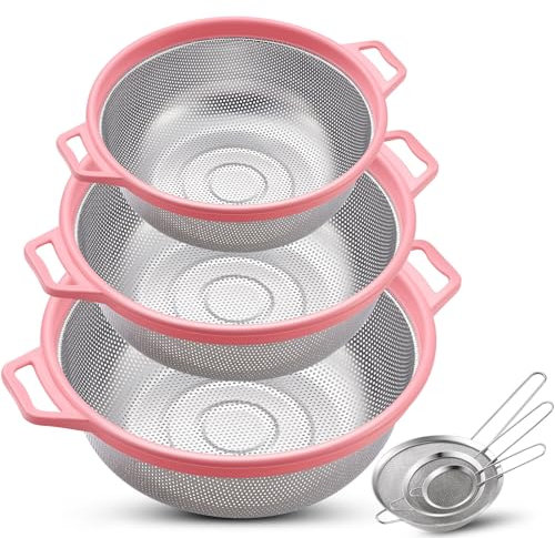 Honeydak 6 Pcs Metal Colander Strainer Set 3 Pcs Pink Stainless Steel Colander with Handle and Fine Mesh Strainer with Handle for Kitchen Spaghetti Vegetables Fruits Pasta Rice Juice,Dishwasher Safe