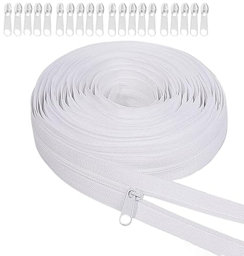 KOZOY Endlosreißverschluss mit Zipper, 10m Weiß Reisverschluss Endlos mit 20 Reißverschlussköpfe, Nylon Reissverschluss zum Zuschneiden, Reissverschluss für Bettwäsche, Kleidung, Taschen, DIY-Nähproj