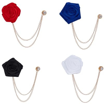 NICENEEDED 4 PCS Broche Fleur Rose Épingle à Revers Broche de Costume avec Chaîne Suspendue Chaîne à Pompons pour Homme Accessoire pour Marié Mariage Bal de Promo