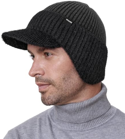 Wmcaps Wintermütze mit Visier und Ohrenklappen für Herren, Dicke Fleece gefütterte Stirnklappenmütze, Winddichte Kälteschutz Mütze für Outdoor, Geschenk für Ehemann Vater Männer (Dunkelgrau)