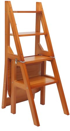 WooDerson Escalera plegable de madera maciza, 4 peldaños, plegable, soporte para flores y taburete plegable, soporta hasta 100 kg (color miel)
