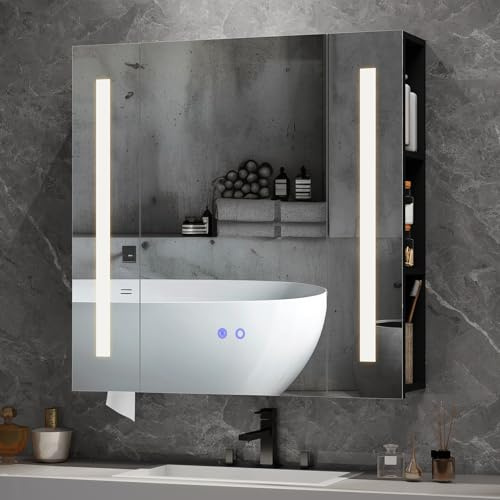 YU YUSING Spiegelschrank Bad mit LED Beleuchtung 70x16x70cm, Badezimmerschrank mit Regal und Tür, Badschrank mit LED-Spiegel, Beschlagfrei, 3 Farben Dimmbar, Badspiegel Hängeschrank, Holz Schwarz