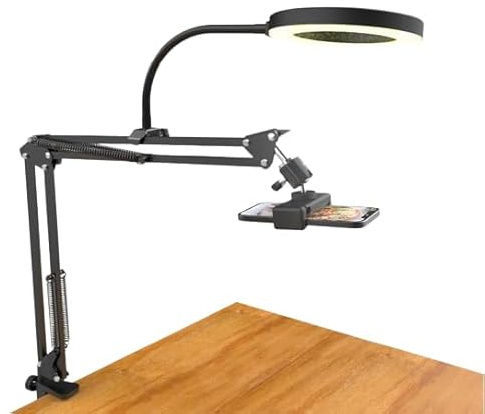 Overhead Phone Mount with 6-Inch Dimmable Ring Light, Flexible Arm Desk Clamp Tripod Camera Holder, USB Powered for Top-Down Video Recording, Live Streaming, Cooking & Crafting