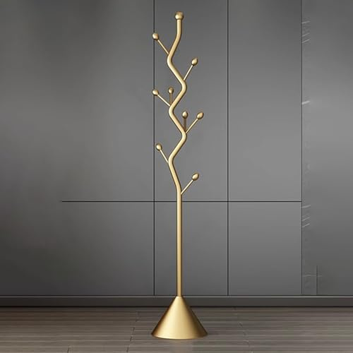 TETK Baumförmiger Garderobenständer, 28 × 28 × 183cm, Kohlenstoffstahl, Konischer und fester Boden, 9 Haken, Jackenständer, Hanger Stand, Lackiert, Glatte Oberfläche (Gold)