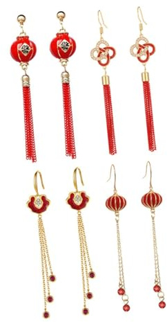 LIFKOME 4 Pares de Pendientes Chinos Rojos para Mujer Colgantes Borla Estilo Tradicional Chino Ligeros y Pequeños Joyería Festiva para Año Pendientes Llamativos y Cómodos