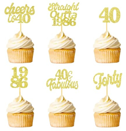 24Pcs 40th Birthday Cupcake Toppers Forty Fabulous 40 Straight Outta 1986 Glitter Cake Topper Decorations for Cheers to 40 Years Anniversary Wedding Birthday Party Supplies