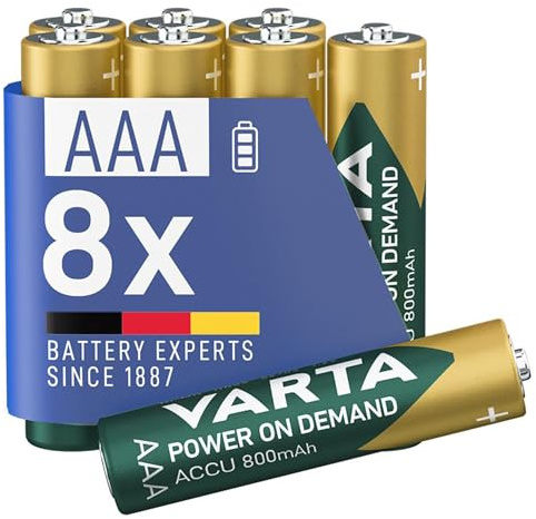 VARTA Batterien AAA, wiederaufladbar 8 Stück, Recharge Accu Power on Demand | 800 mAh Ni-MH Akku, Baugröße HR03 mit 1,2 V, vorgeladen, ohne Memory Effekt, für Kamera und Taschenlampe, langlebige Qualität