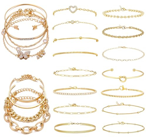 JSTHHTT 24 Stück Armband Damen Gold, Stapelbare Armbänder Damen Gold, Armband Set Gold, Schmuck Damen, Goldschmuck dDamen, Verstellbaren, Wasserdicht, Modeschmuck Geschenk Set für dDamen Mädchen
