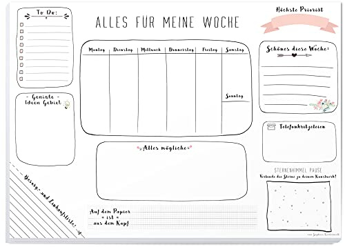 Sophies Kartenwelt Schreibtischunterlage A3 Wochenplaner Schreibunterlage | Maße: 42x29,7 cm (A3). 25 Blatt Papier zum Abreißen. Wochenplaner für Kinder & Erwachsene. Hochwertiger Abrissblock in Weiß.