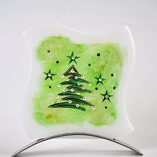 Kerze handbemalt Flachkerze Deko Dekokerze Weihnachtskerze quadratisch grün weiss PM512