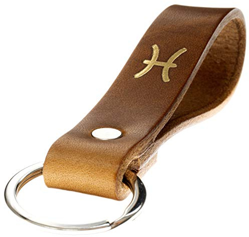 ELBERCRAFT Portachiavi in Pelle Segno Zodiacale Pesci Oro in Rilievo, il Piccolo Regalo di Natale per la Tua Persona Preferita per Unisex Adulto (Pesci 20.02. - 20.03.)(12 cm)
