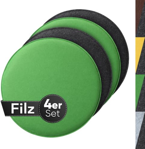 Sidorenko gemütliches Sitzkissen rund aus Filz Ø 36cm - 4er Set Grau I Grün - Waschbare Stuhlkissen kompatibel für Schalenstuhl - Komfortable Sitzauflage für Bank I Stuhl