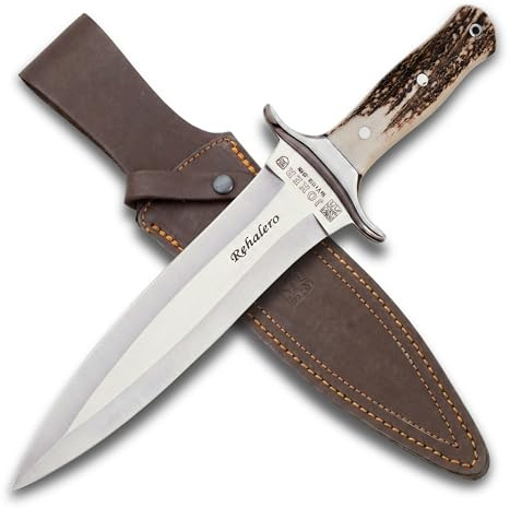 Joker Jagdmesser Rehalero CC10 mit Hirschhorngriff, MOVA-Klinge 23,5 cm, braune Lederscheide, 520 Gramm, insgesamt 36,5 cm, Angelgerät, Jagd, Camping und Wandern