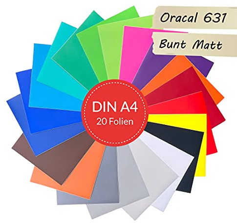 D010 Vinylfolien Set selbstklebend DIN A4 Ora. 631 matt Plotter Folien Pastell zum Plotten Bastelfolie Klebefolie Trend je 21x29,7cm (V3: 20er-Set Bunt Matt)