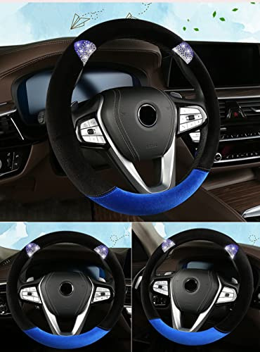 Auto Lenkradbezug Glitzer,Süße Ohren Bling Diamant Plüsch Lenkradhüllen,Universal Anti Rutsch Winter Warme Fell Lenkrad Abdeckung Lenkradschoner Lenkradabdeckung Auto-Dekorzubehör,37-38cm Blau