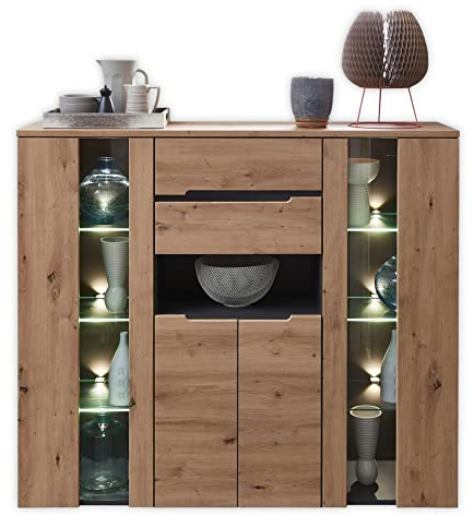 Memphis Highboard in Artisan Eiche Optik, Graphit - Moderner Wohnzimmerschrank mit Schubladen und LED-Beleuchtung - 145 x 127 x 38 cm (B/H/T) | Wohnzimmerschrank mit LED-Beleuchtung, 2 Schubladen, Glastüren, Holztüren, offenem Fach und viel Stauraum
