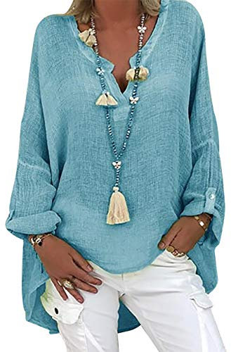 Tincini linneblus damer blus damer sommar tunika v-ringad stora storlekar blus skjorta damer långärmad skjorta linne bomull skjorta toppar tryck skjorta, A blå, L