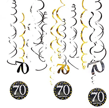 70.Geburtstag deko, 70. Geburtstag Party Hanging Swirls Streams Deckendekorationen 12 Stücke Geburtstag Hängedeko Deckenhänger Spiral Girlanden Schwarz Gold Geburtstag Hängend Wirbel Dekoration