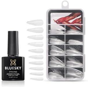Bluesky Soft Gel Tips Kit with Strong Adhesive - Stiletto. Stiletto Nail Tips and Gel Nail Glue for False Nails. 100 x Full cover False Nails with Glue (Requires curing under UV/LED lamp)