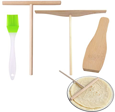 Auswalar 4 Pcs Crepe Spreader Stick and Spatula Kit with Random Color Oil Brush for Fit Large Crepe Pan Maker