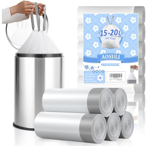 AOSULI Bolsas de basura blancas de 15 a 20 litros, bolsas de basura pequeñas para baño, cocina, oficina, 60 unidades