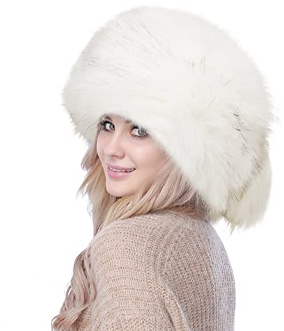 NICEYEA Damen Pelzmütze Fellmütze Russische Kunstpelzmütze Ohrenwärmer Faux Fuchs Warm Wintermütze Pompom Weich Stirnband Hut Winter Ski Fellimitat Schwanzkappe-Eleganter Kosakenstil