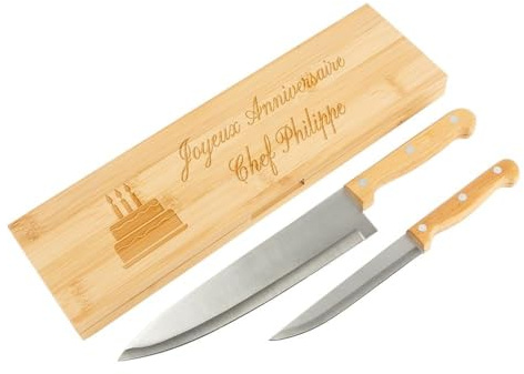 Ocadeau 2 Kochmesser mit personalisierter Holzbox - Textgravur auf Kochmesserbox - Personalisierte Kochmesserbox