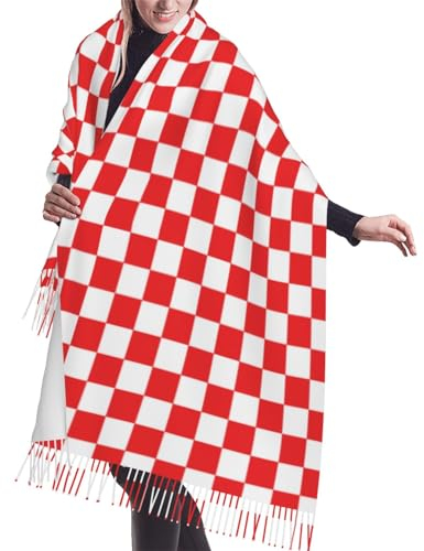 Schal, rot und weiß kariert, Natur, Unisex-Schal mit Fransen, groß, warm, weich, Kaschmir-Gefühl, Tücher, 196 x 68 cm