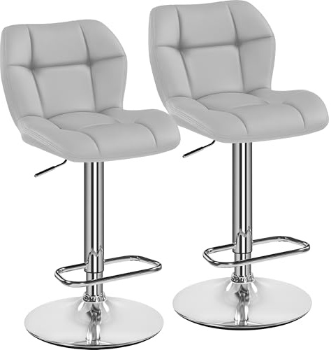 Yaheetech Set of 2 Adjustable Swivel Bar Stools w/Backrest, Light Grey | 360° Swivel, Shell-shaped backrest Leather Breakfast Bar Chairs Fits Multiple Heights, for Home Kitchen, Dining, Restaurant