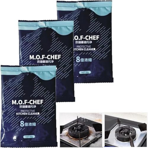 Mof Chef Lot de 3 poudres nettoyantes dégraissantes très résistantes, poudre de nettoyage Mof Chef, nettoyant de cuisine, détachant tenace, graisse et cire, nettoyant pour casseroles, gril