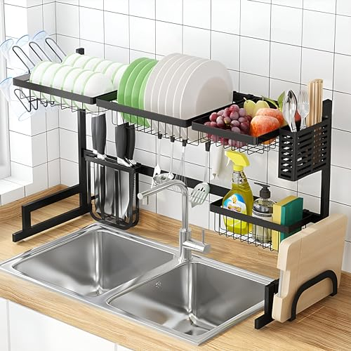 JUPPLIES Escurreplatos sobre Fregadero 2 Niveles 85x30x52,5cm – Escurridor de Platos de Acero Inoxidable con Soporte para Cubiertos, Tabla de Cortar y Ganchos – Escurre Platos Antideslizante Negro