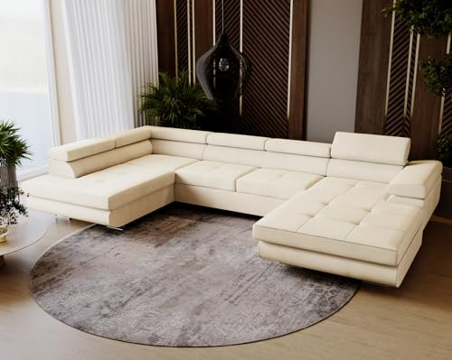 Emporius Ecksofa Sorlo U - Couch mit Schlaffunktion, verstellbare Kopfstützen, Bettkasten - Couch 345 cm U-Form - Ottomane Links freistehend - Samtstoff Velvet (Beige - Amor Velvet 4323)