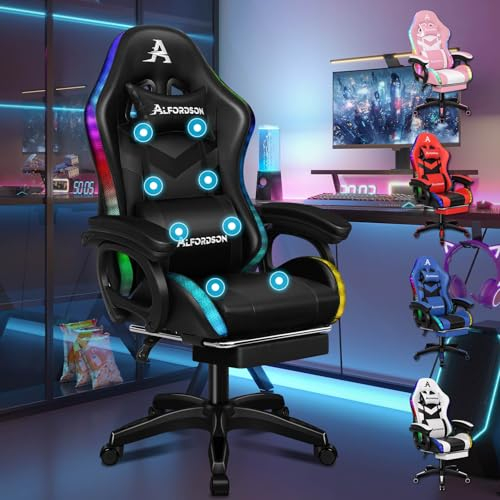 ALFORDSON Racing Gaming Stuhl, Massage Gamer Stuhl mit 12 LED Farben RGB Beleuchtung, Ergonomischer Sessel mit Lordosenstütze, Liegestuhl mit Fußstütze, PU Leder, Schwarz
