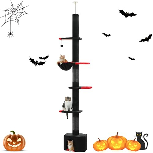 PAWZ Road Gothic-Katzenbaum, vom Boden bis zur Decke Katzenturm mit verstellbarer Höhe (264–304 cm), 5 Ebenen schwarze Katzenhütte mit gemütlicher Hängematte, komplett mit Kratzpfosten für