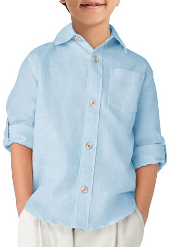 Haloumoning Boys Linen Button Down Dress Shirt Long Sleeve Tops 5-14 years | Chest Pocket, School Daily Wear,Collared,Family Photo,Fall Clothes for Kids