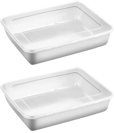 Edelstahl-Mehrzweckbackblech mit Quadratischem Tablett und Boden-Kaltschüssel Optional mit Deckel, Größe 25 x 20 x 5 cm, Ungiftig und Gesund, Backofenfest, Spülmaschinenfest (2pc-Helles Silber)